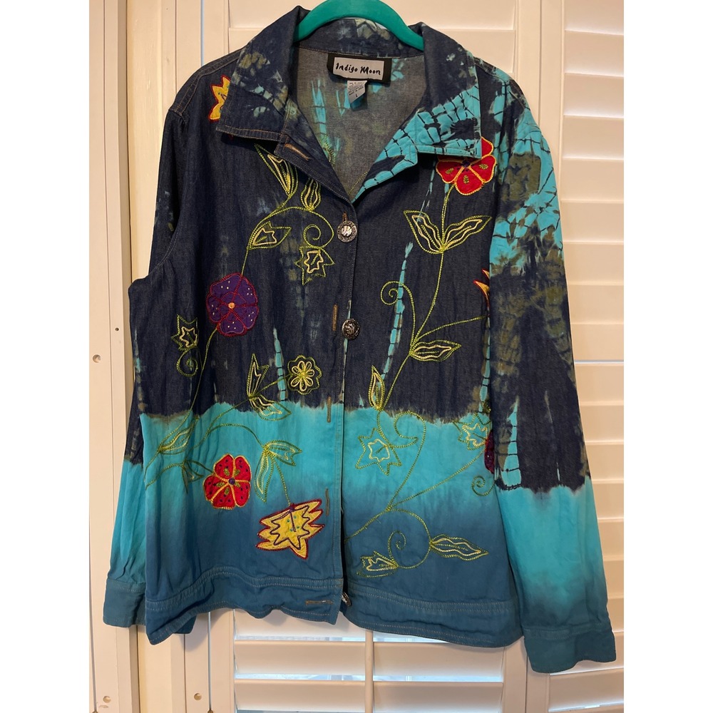 INDIGO MOON DENIM JACKET EMBROIDERED SIZE LARGE